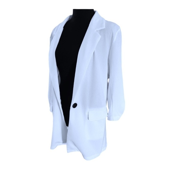 Open Front White Ruched Sleeve Single Button Hourglass Blazer Casual Size Large - Picture 2 of 15